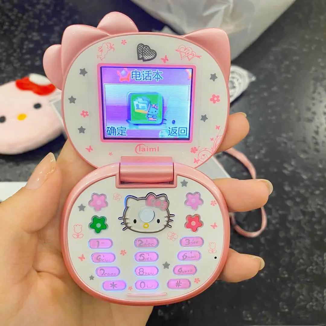 New Kawaii Sanrio Hello Kitty Flip Phone Cartoon Cute Children White Pink Mini Phone Children Birthday Gifts Fashion Model Toys