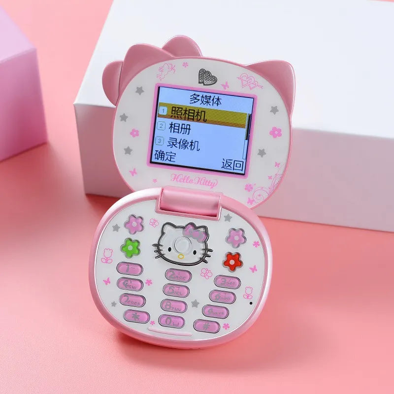 New Kawaii Sanrio Hello Kitty Flip Phone Cartoon Cute Children White Pink Mini Phone Children Birthday Gifts Fashion Model Toys