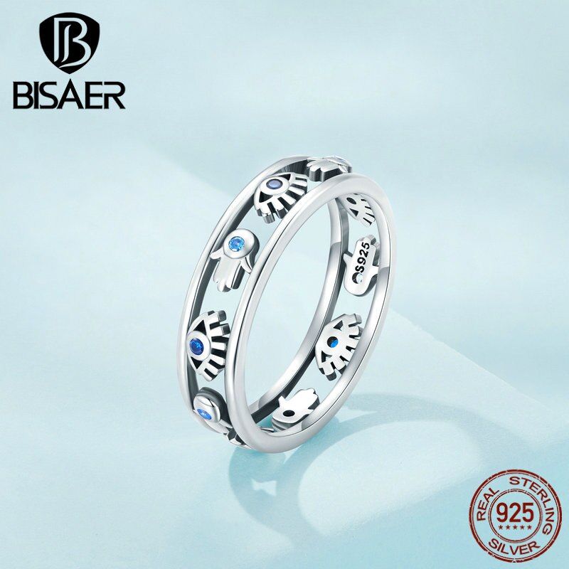 BISAER 925 Sterling Silver Hollow Evil Eyes &amp;amp; Hamasa Hand Ring Symbol Lucky Rings For Women Party Original Fine Jewelry ECR900