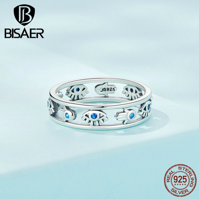 BISAER 925 Sterling Silver Hollow Evil Eyes &amp;amp; Hamasa Hand Ring Symbol Lucky Rings For Women Party Original Fine Jewelry ECR900