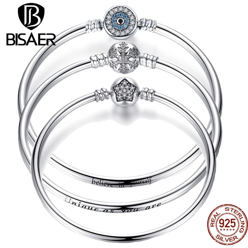 BISAER 925 Sterling Silver Snake Bracelet Blue Devil&amp;#39;s Eye Charm Snowflake Heart Chain Clasp Bangles For Women Jewelry 17-21CM