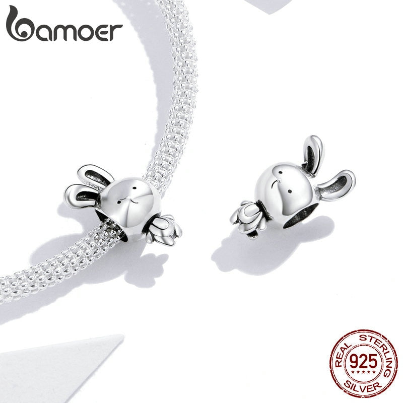 bamoer 925 Sterling Silver Rabbit Animal Metal Charm for Original Silver Snake Bracelet &amp; Bangle Fine Jewelry Making SCC1517