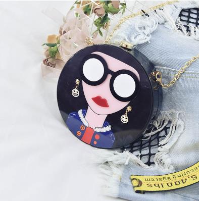 Fashion design cartoon sexy woman acrylic round shape party clutch bag evening bag female chain purse shoulder bag handbag flap