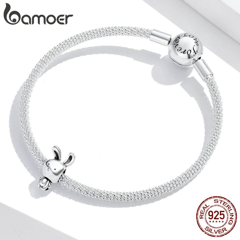 bamoer 925 Sterling Silver Rabbit Animal Metal Charm for Original Silver Snake Bracelet &amp; Bangle Fine Jewelry Making SCC1517