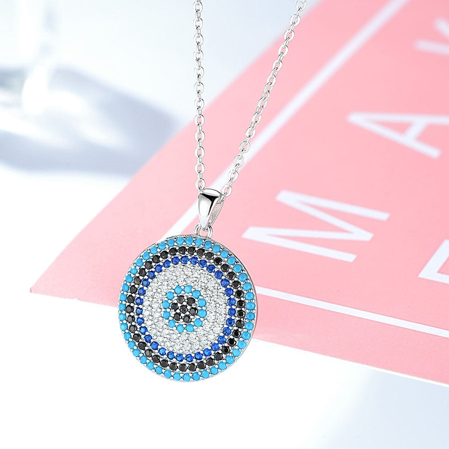 KALETINE 925 Sterling Silver Necklaces Turkish Big Blue Stone Evil Eye Round Pendant Women&#39;s Necklace Personalized Men Jewelry