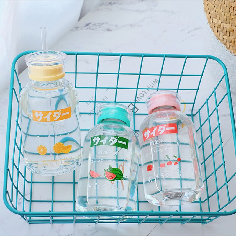 450ml Cartoon Fruit Lovely Kids Straw Water Bottle Portable Fashion Glass Water Bottles Creative Double Lid Clear Drinking Cups