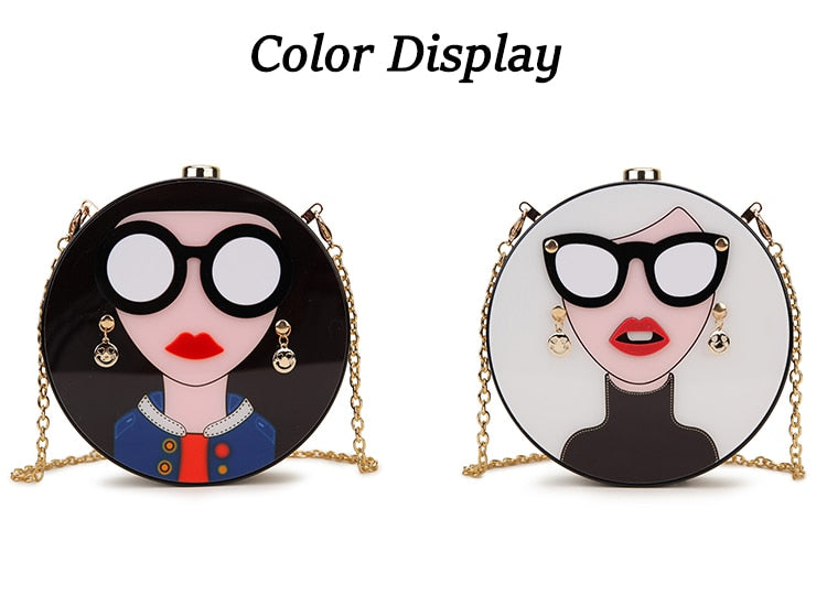 Fashion design cartoon sexy woman acrylic round shape party clutch bag evening bag female chain purse shoulder bag handbag flap