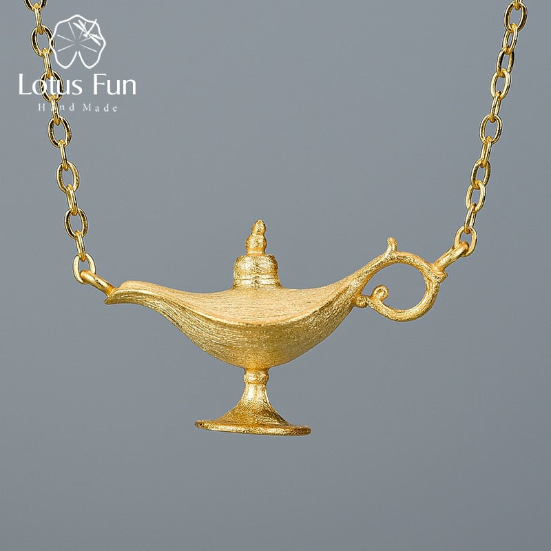 Lotus Fun 18K Gold Aladdin&amp;#39;s Lamp Pendant Necklace Real 925 Sterling Silver Natural Handmade Designer Fine Jewelry for Women