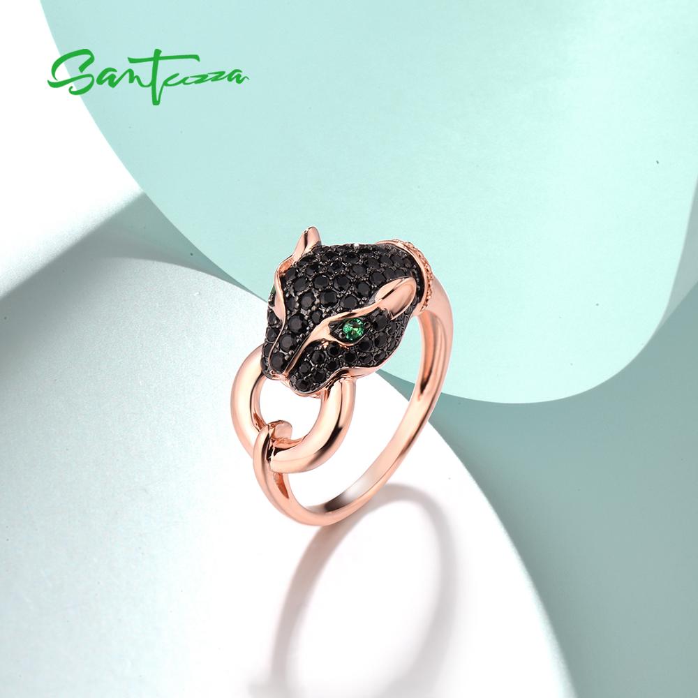 SANTUZZA Silver Ring For Women Pure 925 Sterling Silver Dazzling Black Green Spinel Leopard Panther Trendy Party Fine Jewelry