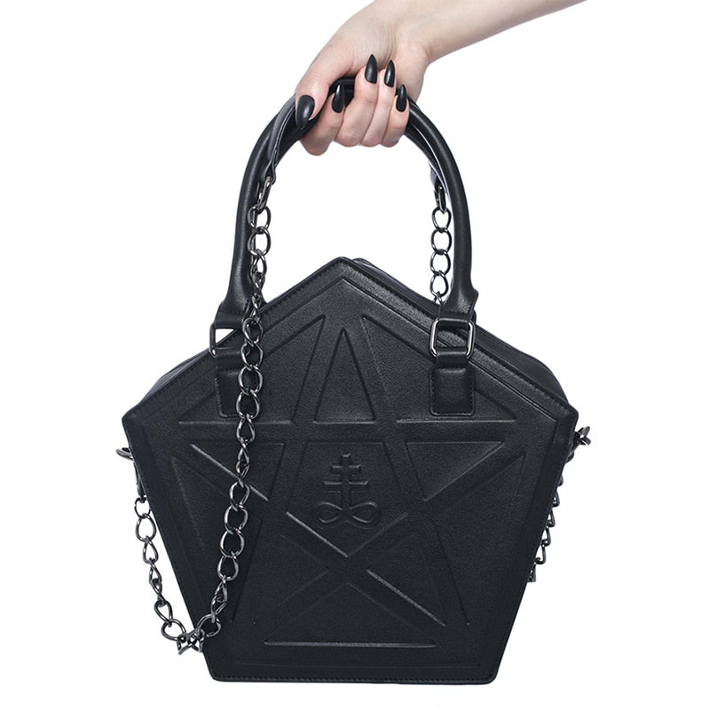 JIEROTYX Pentagram Punk Darkness Gothic Star Handbag Women Girl Black PU Soft Leather Shoulder Bag With Chain High Quality