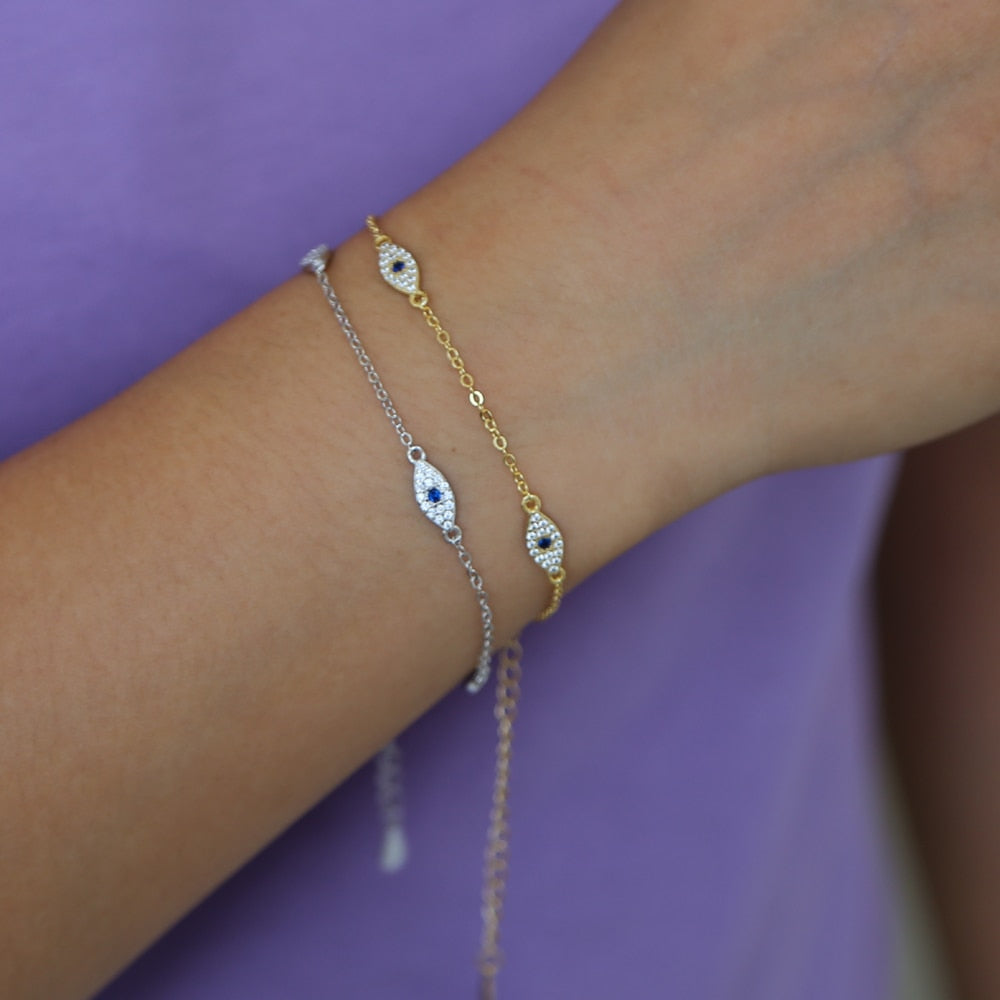 925 sterling silver gold blue white crystal evil eye link chain bracelet