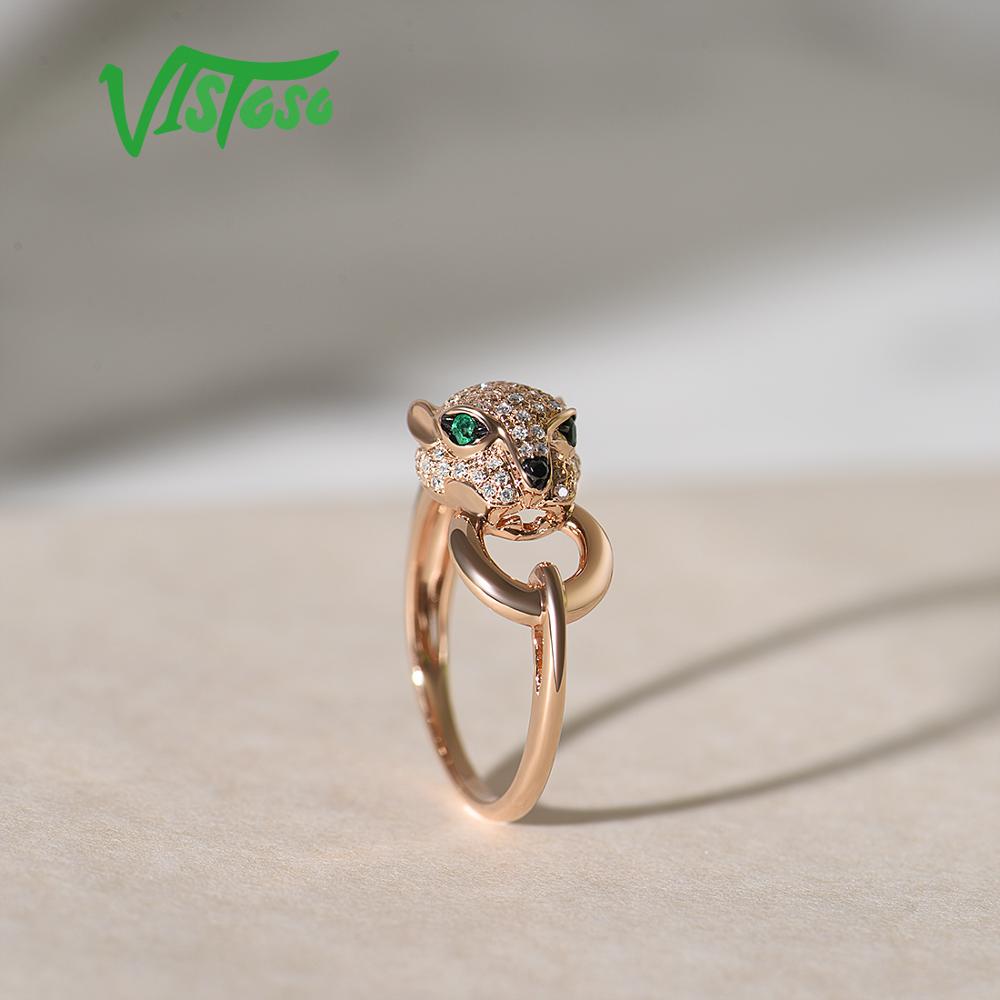 VISTOSO Gold Ring For Women Genuine 14K 585 Rose Gold Leopard Ring Emerald Sparkling Diamond Engagement Anniversary Fine Jewelry