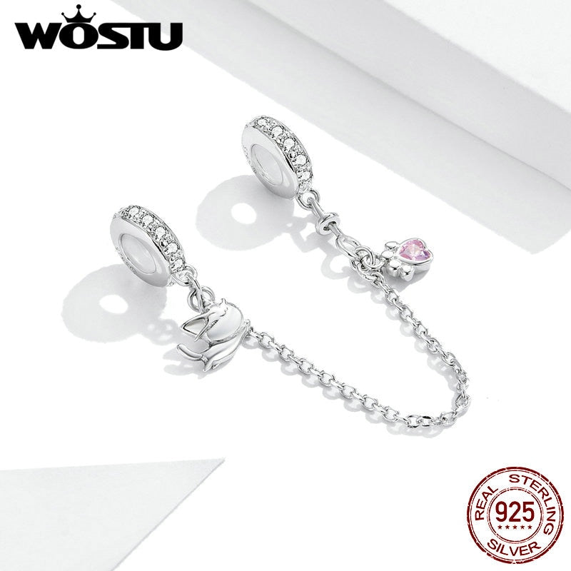 Safety Chain WOSTU 925 Sterling Silver Pet Cat Claw Footprints Stopper Beads Charms for Original Silver Bracelet Jewelry CTC243