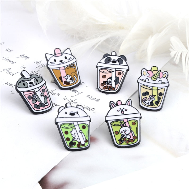 Alfileres esmaltados de té de burbujas para niños, broche de té de leche de dibujos animados con animales, Panda, gatos, insignia de unicornio, chaqueta, mochila, regalos de joyería