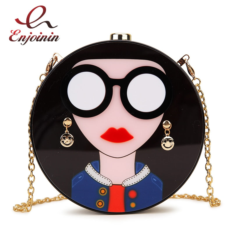 Fashion design cartoon sexy woman acrylic round shape party clutch bag evening bag female chain purse shoulder bag handbag flap