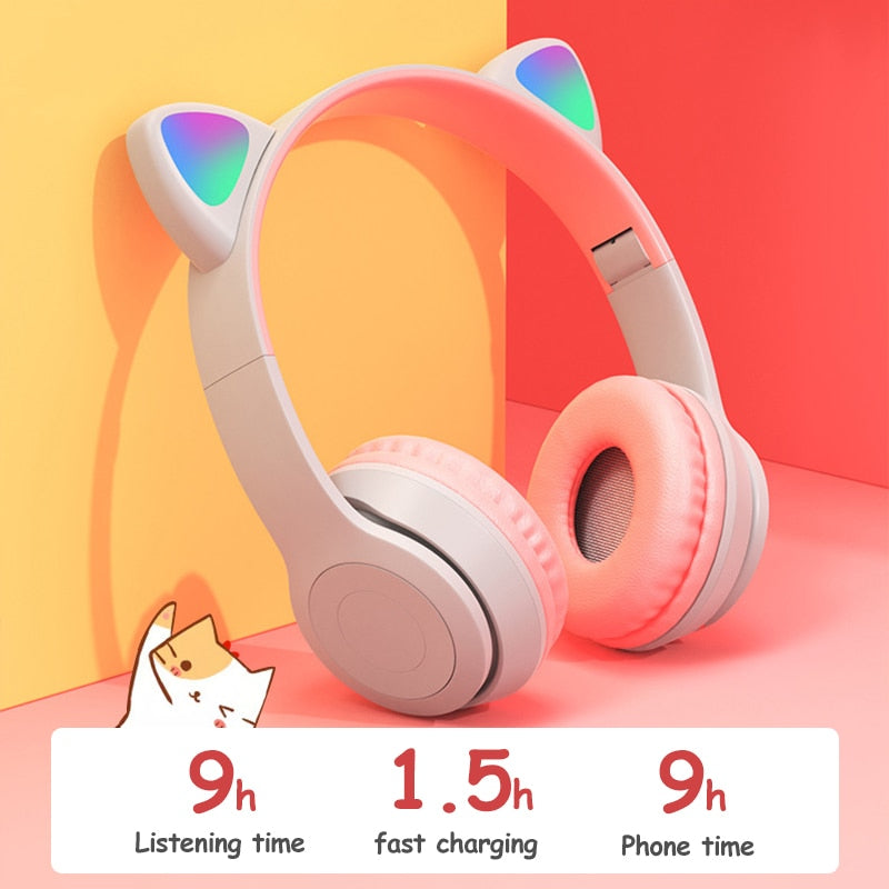 Wireless Headphones Cat Ear with Mic Blue-tooth Glow Light Stereo Bass Helmets Children Gamer Girl Gifts PC Phone Gaming Headset