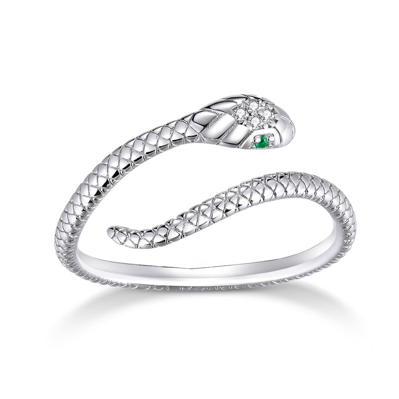 bamoer Sterling Silver Platinum Plated Adjustable Ring, Green Zircon Retro Textures Snake Ring Fashion Jewelry SCR666