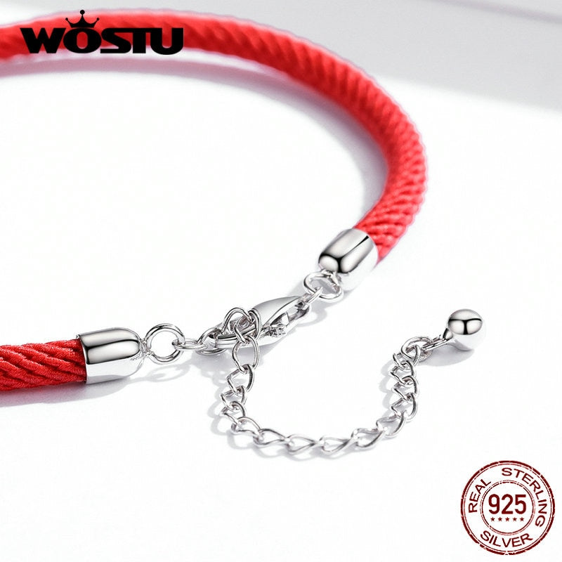 WOSTU 100% Real 925 Sterling Silver Red Black Gray White Rope Bracelet Classic Lucky Bangle Fit Beads Charms DIY Jewelry Making