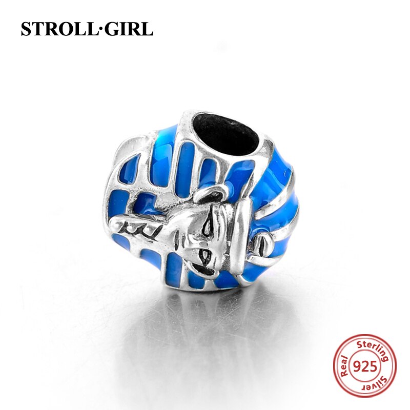 925 Sterling Silver Blue Enamel Human Face Charms Sphinx Egypt Beads Fit Authentic European Bracelet For Women Diy Fine Jewelry