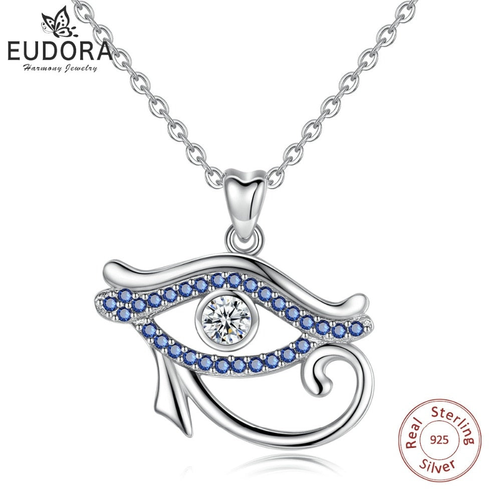 EUDORA 925 Sterling Silver Blue crystal Ancient Egypt Eye Of Horus pendant Necklace Luck Eye Fine Jewelry Birthday Gift D341