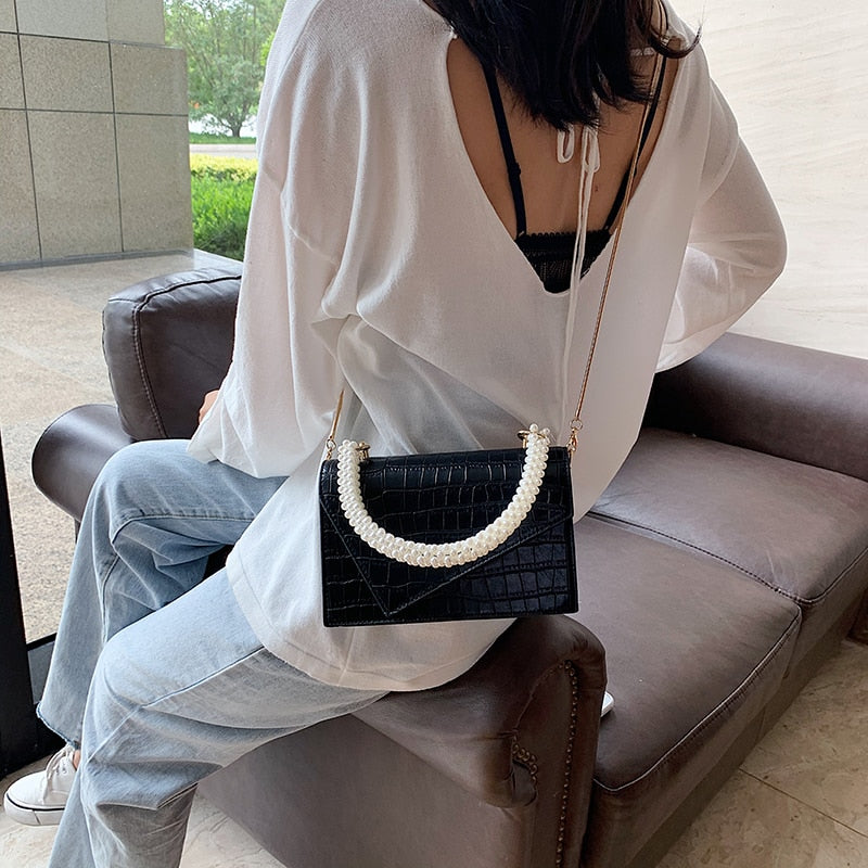 Stone Pattern PU Leather Shoulder Bags for Women Luxury Pearl Chain Design Female Bag Women&amp;#39;s Brand Designer Crossbody Handbags