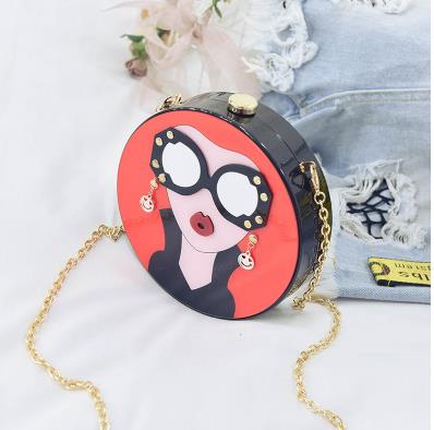 Fashion design cartoon sexy woman acrylic round shape party clutch bag evening bag female chain purse shoulder bag handbag flap