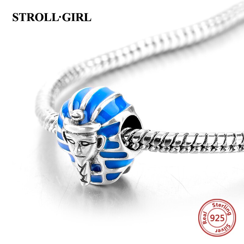 925 Sterling Silver Blue Enamel Human Face Charms Sphinx Egypt Beads Fit Authentic European Bracelet For Women Diy Fine Jewelry