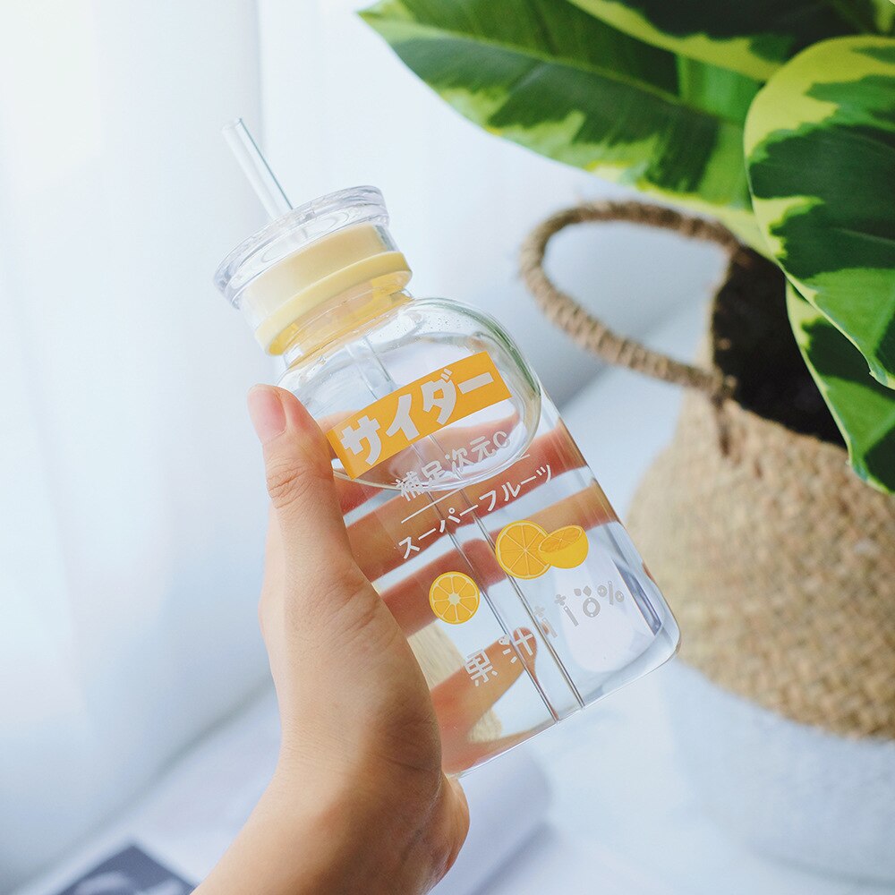 450ml Cartoon Fruit Lovely Kids Straw Water Bottle Portable Fashion Glass Water Bottles Creative Double Lid Clear Drinking Cups