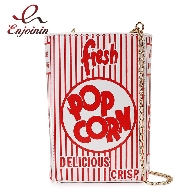 Popcorn Red Stripe Design Chain Shoulder Crossbody Bag for Women Fashion Girl&amp;#39;s Purses and Handbags Novelty Clutch Bag Pu Leathe