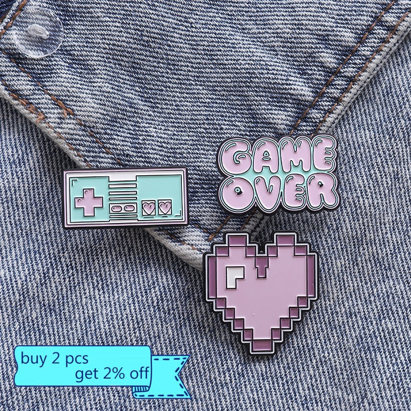 Pixel Game Enamel Pins Retro Game Badges Game Over Gamepad Heart Brooches Backpack Pin Brooch for Women Men Jewelry