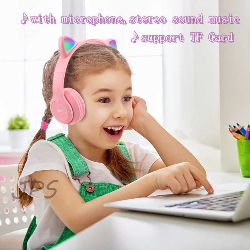 Wireless Headphones Cat Ear with Mic Blue-tooth Glow Light Stereo Bass Helmets Children Gamer Girl Gifts PC Phone Gaming Headset