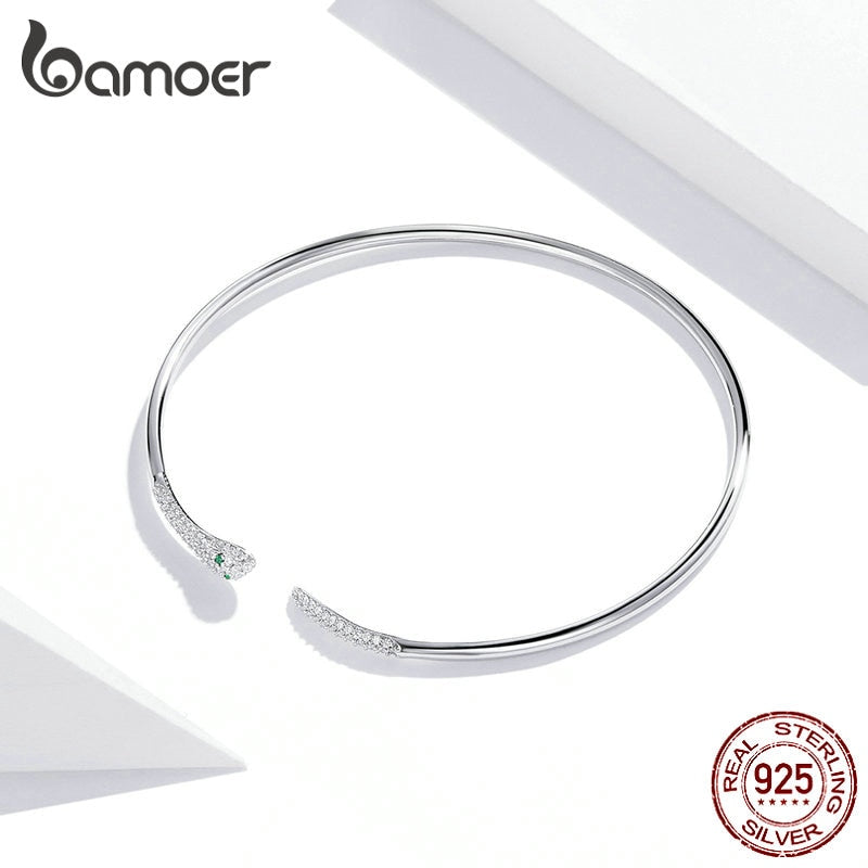 bamoer Silver Snake Opening Bracelet 925 Sterling Silver Spirit Snake Bangle Bracelet Gift for Women Engagement Jewelry SCB206