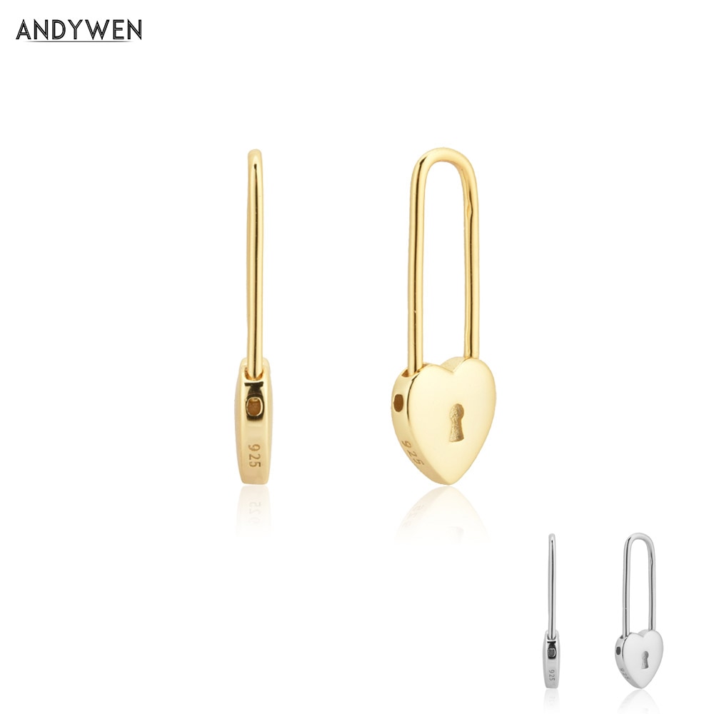 ANDYWEN 100% 925 Sterling Silver Gold Heart Locker Square Hoops Circle Piercing Pendiente Luxury Women Fashion Jewelry 2020