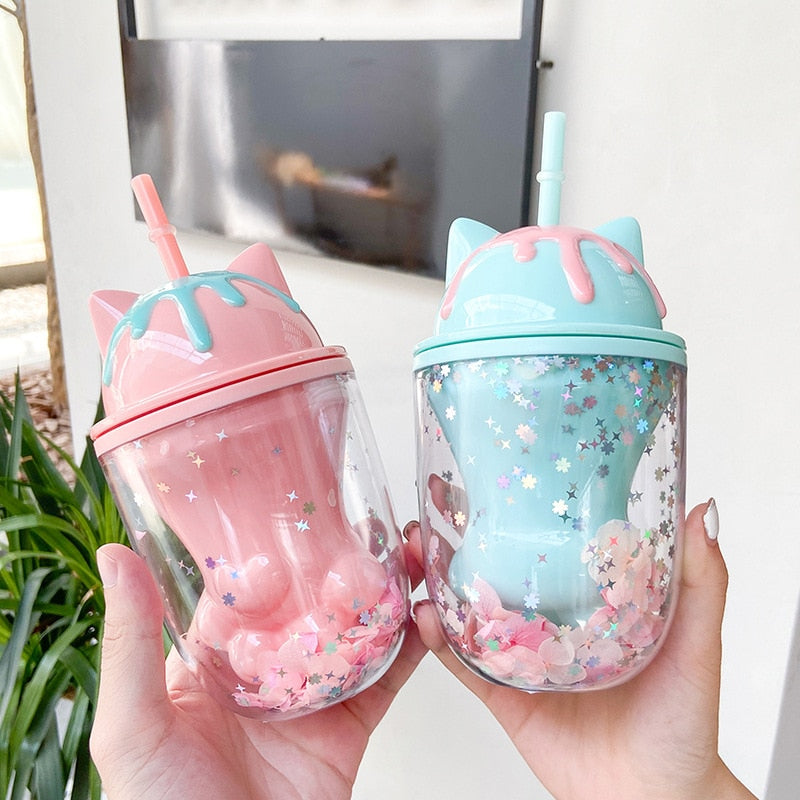 Water bottle cute personality cat paw plastic cup cute cartoon ins photo posing creative straw cup gift office school home