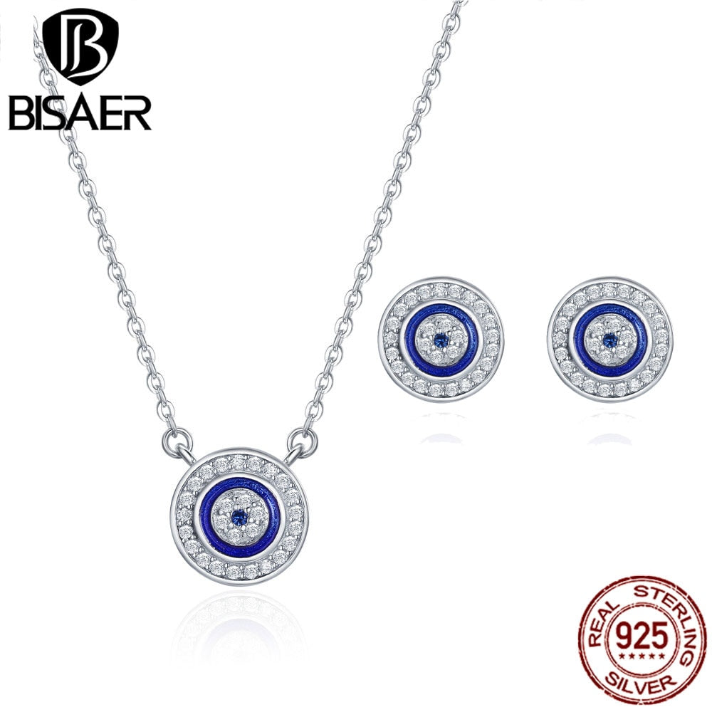 BISAER Jewelry Set 925 Sterling Silver Guardian Evil Eyes Women Lucky Blue Eye Jewelry Sets Sterling Silver Jewelry Wedding Gift