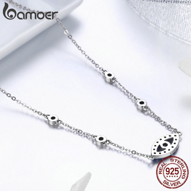 BAMOER Real 925 Sterling Silver Blue Zircon Guardian Eye Pendant Necklaces Lucky Eye Neck Chain for Women Fine Jewelry SCN300