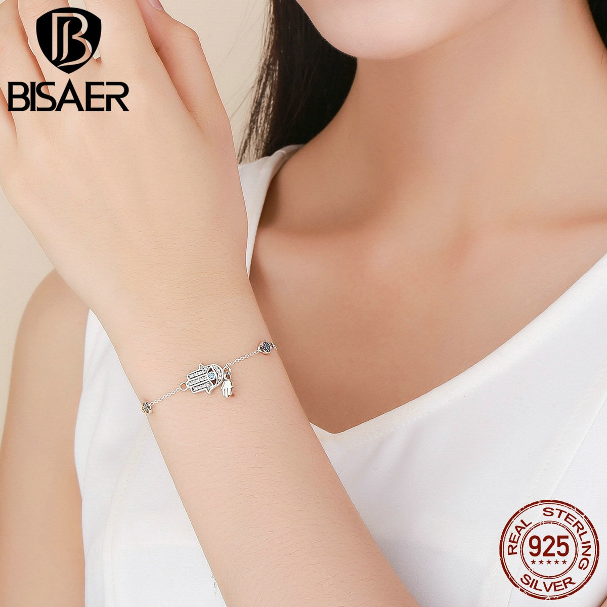 BISAER Hot Sale 925 Sterling Silver Lucky Fatima Hand Guardian Hamsa Hand Shape Women Silver Bracelets Silver Jewelry ECB079