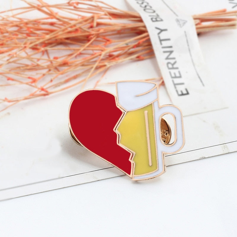 2pcs/set Creative Brocken Heart Wine Bottle Earth Cup Pizza Enamel Pins BEST BUDS/BOOS Brooch Collar Pin Badges Corsage Jewelry