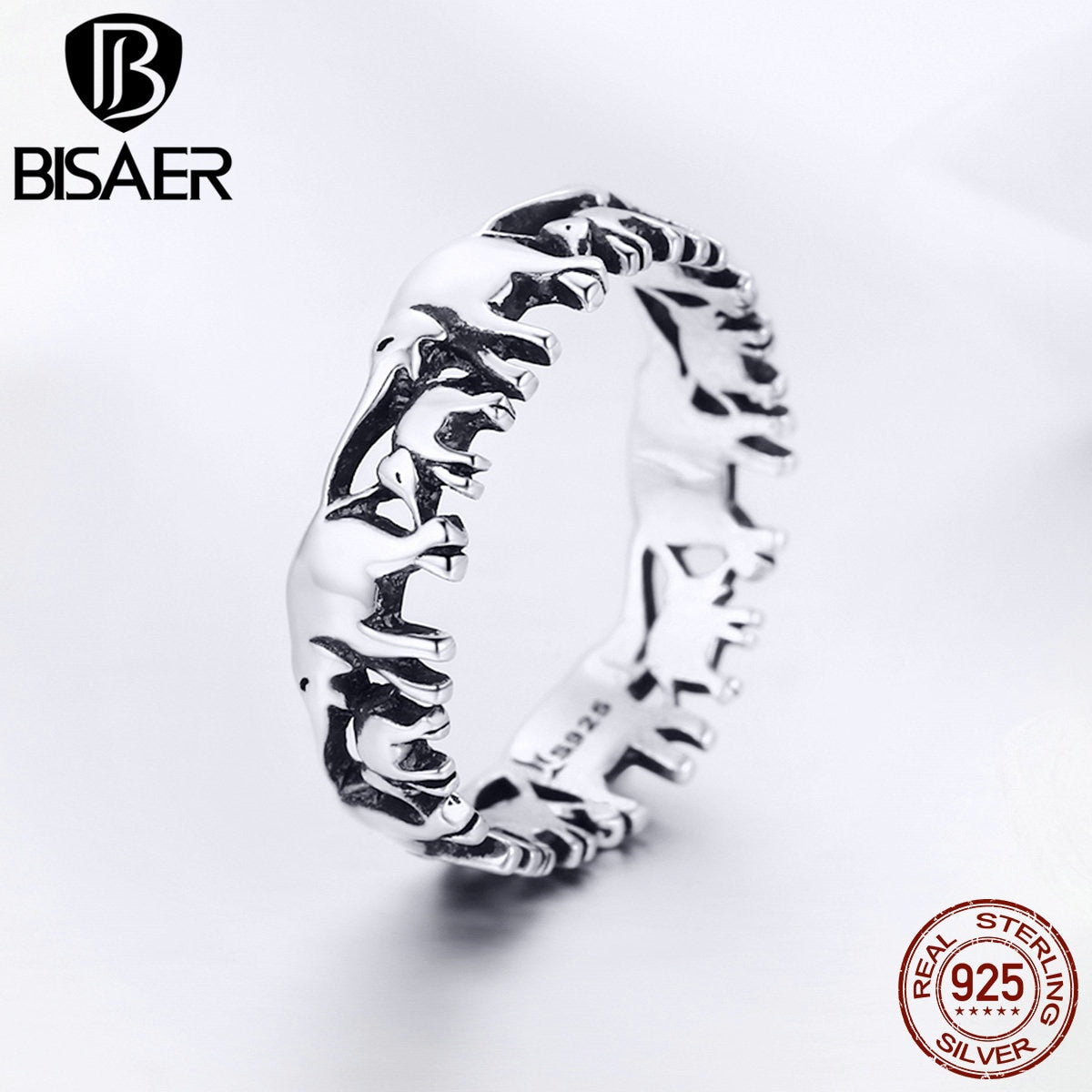 BISAER 925 Sterling Silver Anel Party Vintage Silver Animal Ring Stackable Elephant Finger Ring Women Wedding Jewelry ECR344