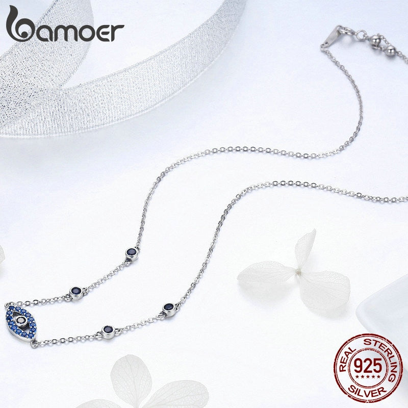 BAMOER Real 925 Sterling Silver Blue Zircon Guardian Eye Pendant Necklaces Lucky Eye Neck Chain for Women Fine Jewelry SCN300