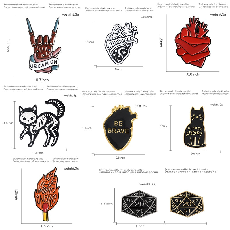 Punk style enamel Pins Night sky Heart Black skeleton cat Brooches for women Dragon &amp; Dungeon Dice hand lapel Pin Badges Jewelry