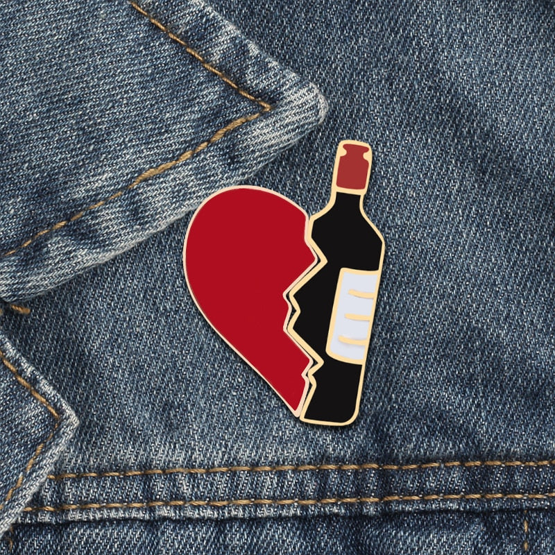 2pcs/set Creative Brocken Heart Wine Bottle Earth Cup Pizza Enamel Pins BEST BUDS/BOOS Brooch Collar Pin Badges Corsage Jewelry