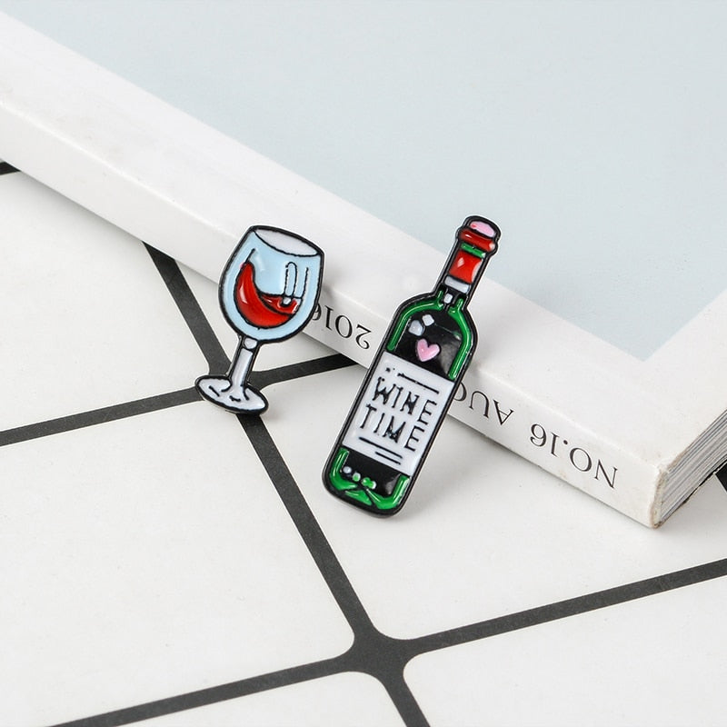 Wine Time Mini Cute Wine And Wine Glasses Couple Pins Red Wine Bottle cup Brooches Enamel Pin Badge For Lovers Best Friend Pins