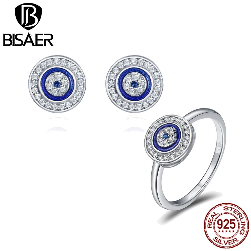 BISAER Jewelry Set 925 Sterling Silver Guardian Evil Eyes Women Lucky Blue Eye Jewelry Sets Sterling Silver Jewelry Wedding Gift