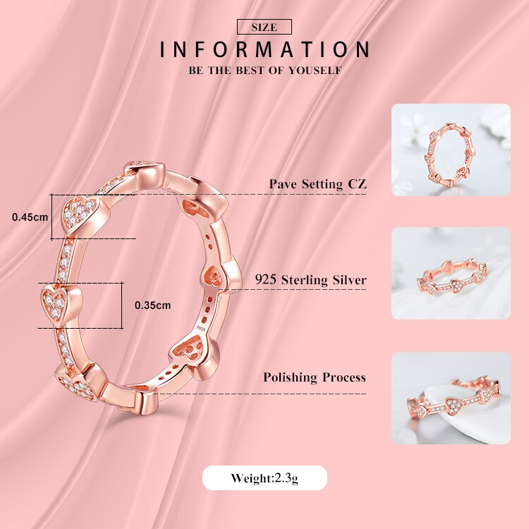 Modian 100% Genuine 925 Sterling Silver Rose Gold Color Ring Fashion Hearts Love Zircon Finger Rings For Women Wedding Jewelry