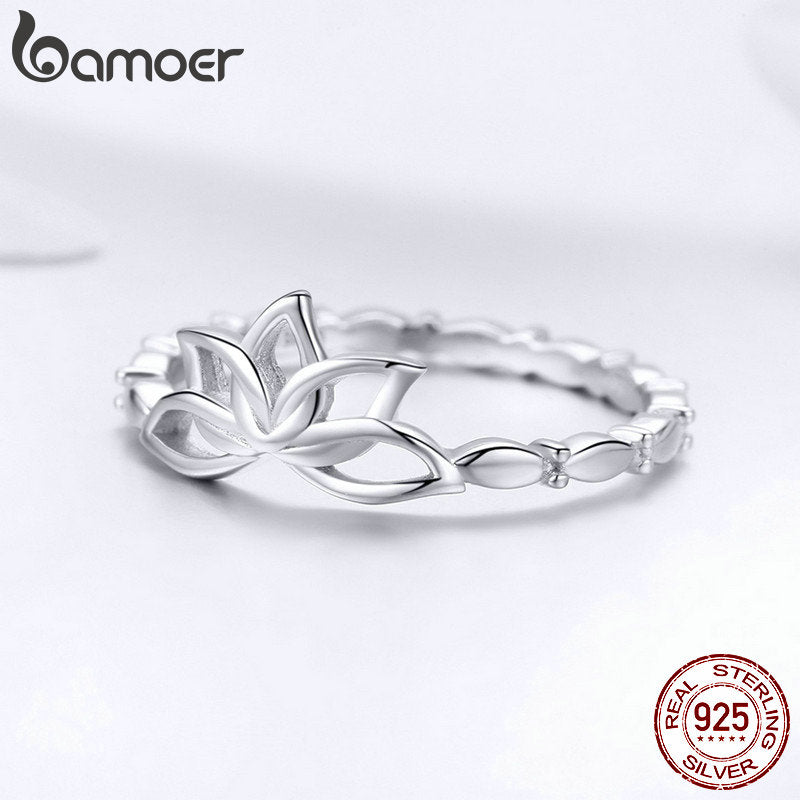 BAMOER Elegant Authentic 925 Sterling Silver Lotus Flower Finger Rings Flower Rings for Women Sterling Silver Jewelry BSR018