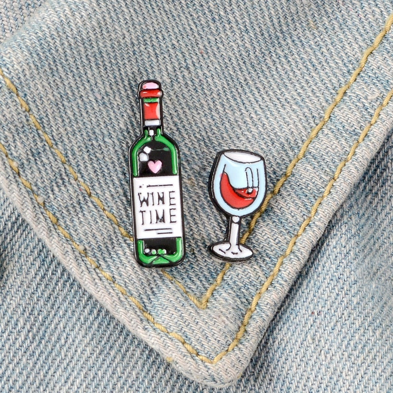 Wine Time Mini Cute Wine And Wine Glasses Couple Pins Red Wine Bottle cup Brooches Enamel Pin Badge For Lovers Best Friend Pins