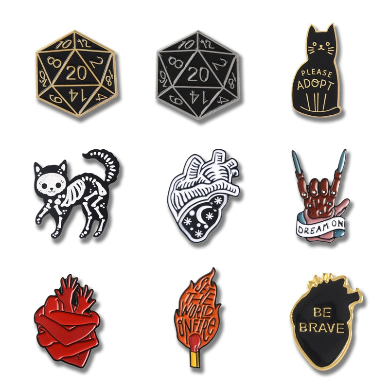 Punk style enamel Pins Night sky Heart Black skeleton cat Brooches for women Dragon &amp; Dungeon Dice hand lapel Pin Badges Jewelry