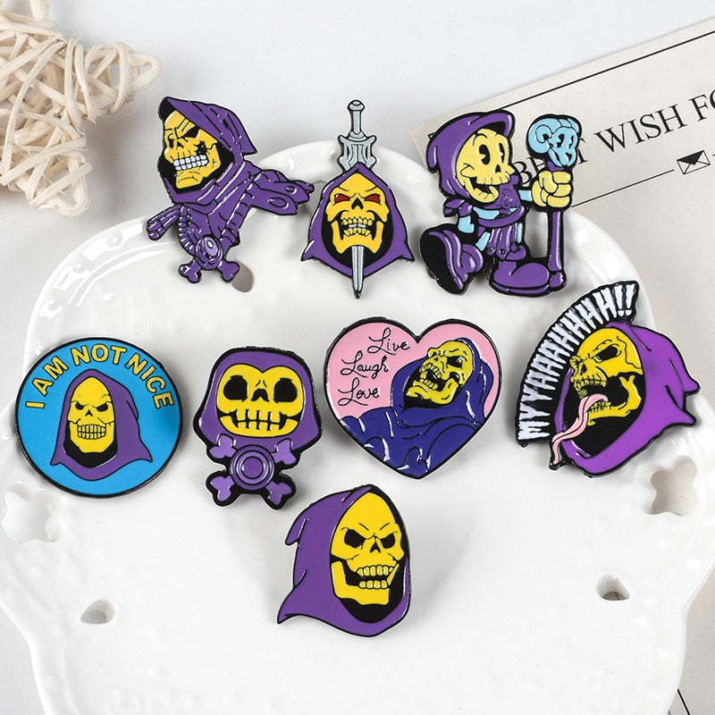 QIHE JEWELRY Purple Skeleton pins Enamel pins Purple hood human Pins 80S Childhood Cartoon Reference