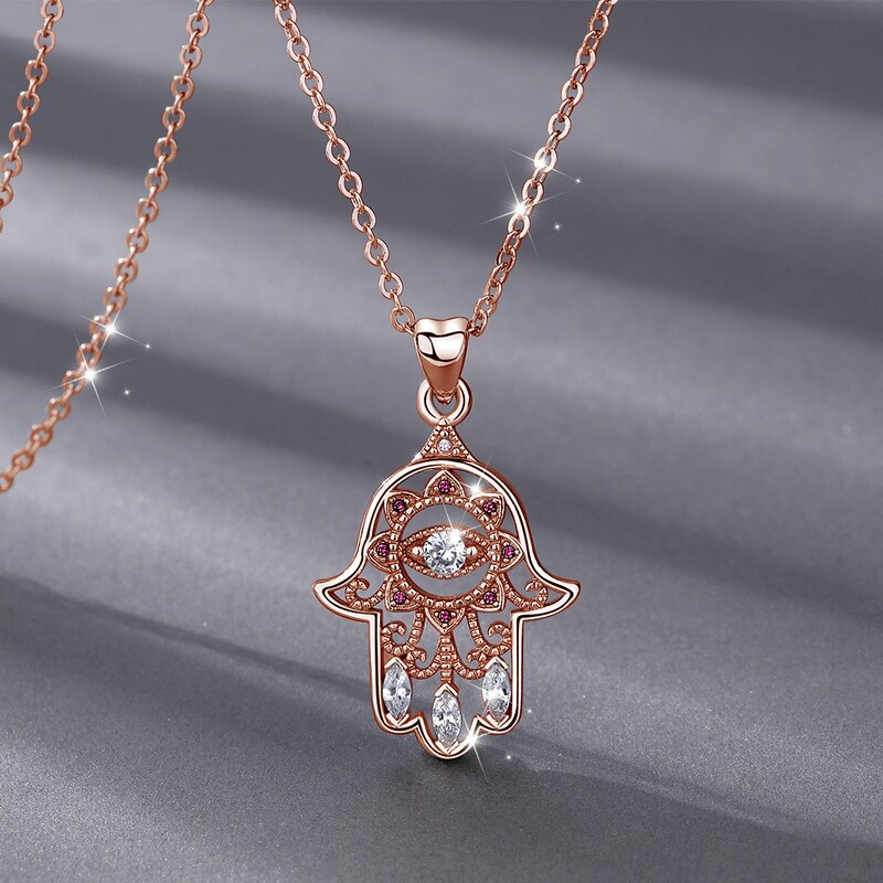 EUDORA Eye Real 925 Sterling Silver Zircon Hamsa Hand of Fatima  Necklace Lady Purple Pendant Fine Jewelry Exquisite Women Gifts